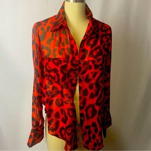 Red & Black Sheer Leopard Button front Blouse Top Small